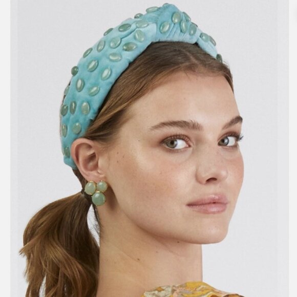 Lele Sadoughi Healing Stones Collection Jade Green Velvet Knotted Headband main image 6